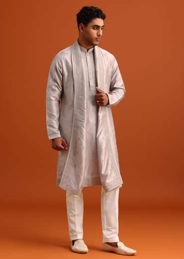 Grey Kurta Set In Raw Silk With Thread Work Dupatta