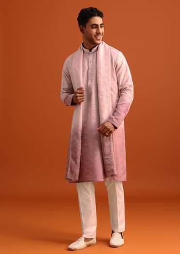 Onion Pink Ombre Kurta Set In Raw Silk With Butti Work