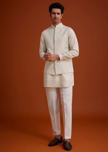 Off White Linen Silk Jacket Set With Zari And Mirror Work