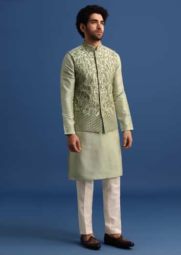 Pista Green Kurta Jacket Set With Resham Work For Men
