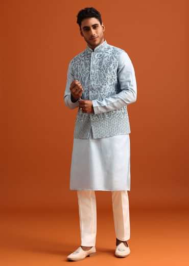 Aqua Blue Jacket Kurta Set With Hand Work