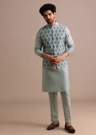 Aqua Blue Kurta Jacket Set With Dori Work And Stone Embroidery