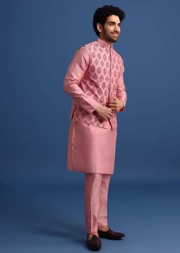Pink Kurta Jacket Set With Dori Work And Stone Embroidery