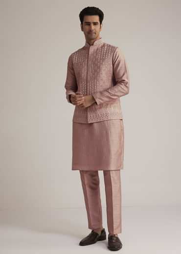 Onion Pink Raw Silk Kurta Set With Embroidered Nehru Jacket