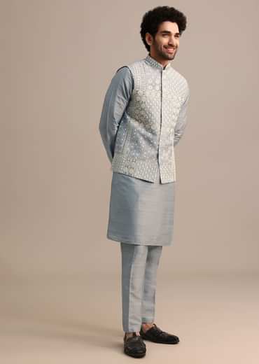 Grey Kurta Jacket Set With Thread And Mirror Work For Men