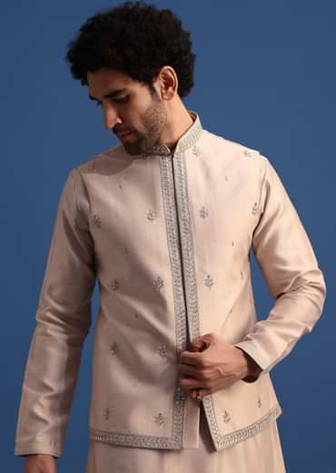 Beige Kurta Jacket Set With Thread Work For Men