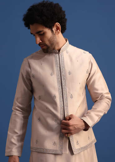 Beige Kurta Jacket Set With Thread Work For Men