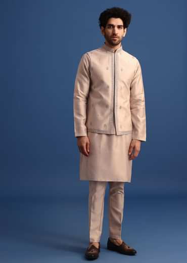 Beige Kurta Jacket Set With Thread Work For Men
