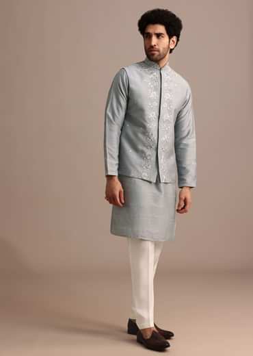 Grey Kurta Jacket Set With Thread Work And Mirror Embroidery For Men