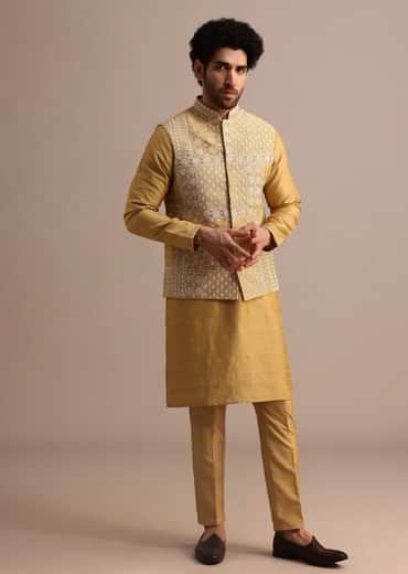 Yellow Kurta Set With Thread And Mirror Embroidered Jacket