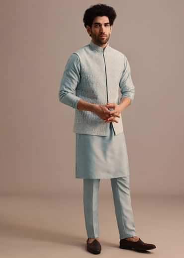Aqua Blue Kurta Jacket Set With Thread Work For Men
