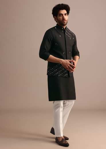 Black Kurta Jacket Set With Resham Work