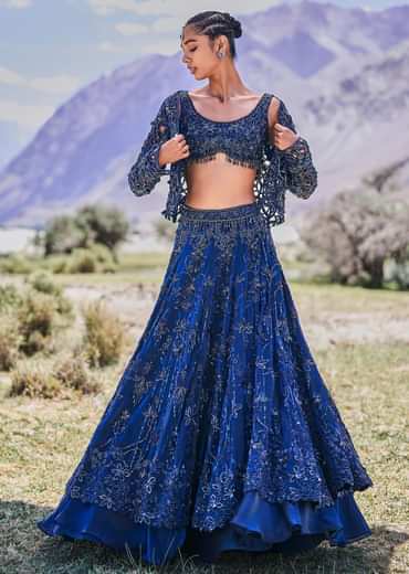 Blue Embroidered 10 Kali Lehenga With Blouse And Jacket
