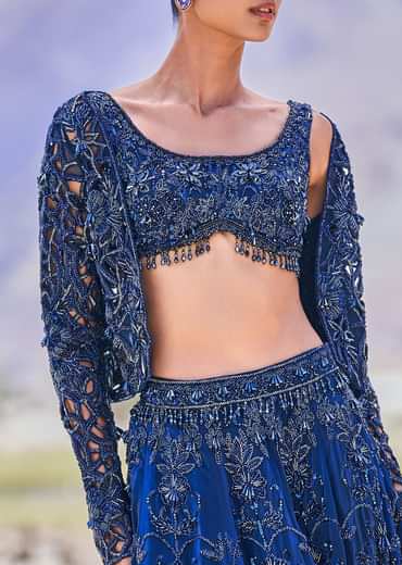 Blue Embroidered 10 Kali Lehenga With Blouse And Jacket