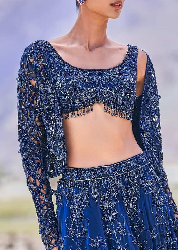 Blue Embroidered 10 Kali Lehenga With Blouse And Jacket