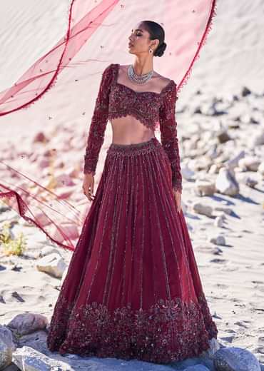 Red Organza Embroidered 12 Kali Lehenga And Blouse With Dupatta