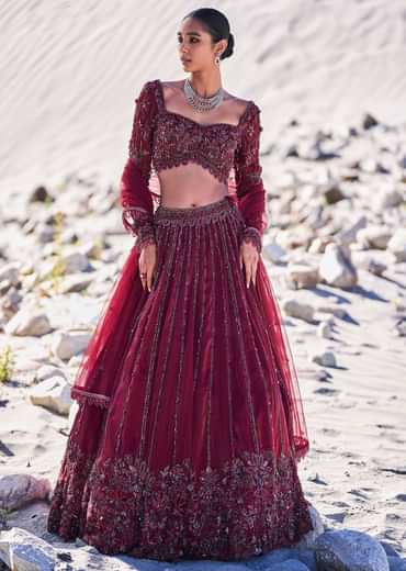 Red Organza Embroidered 12 Kali Lehenga And Blouse With Dupatta