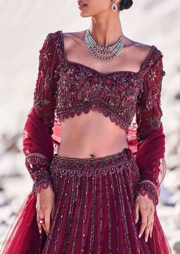 Red Organza Embroidered 12 Kali Lehenga And Blouse With Dupatta