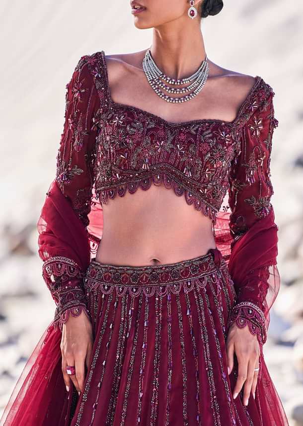 Red Organza Embroidered 12 Kali Lehenga And Blouse With Dupatta