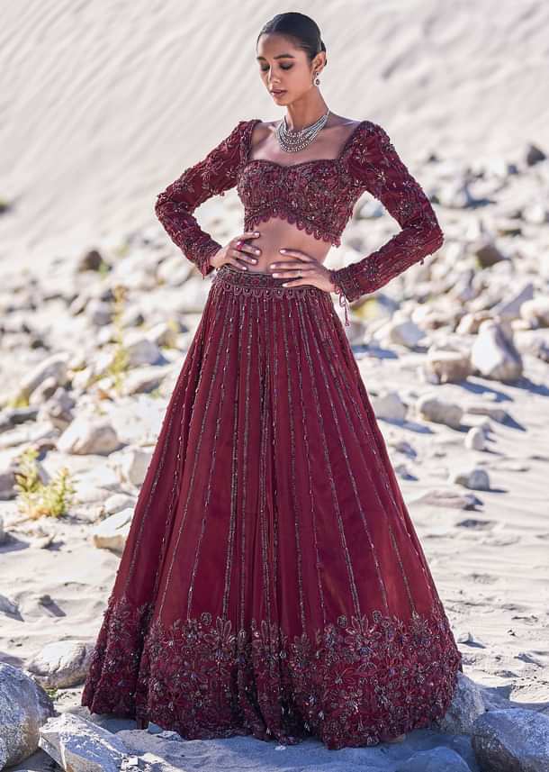 Red Organza Embroidered 12 Kali Lehenga And Blouse With Dupatta