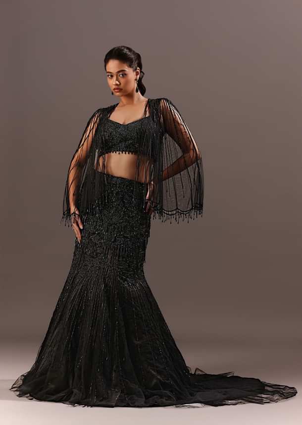 Black Embroidery Fish Cut Lehenga With Embroidered Blouse And Cape