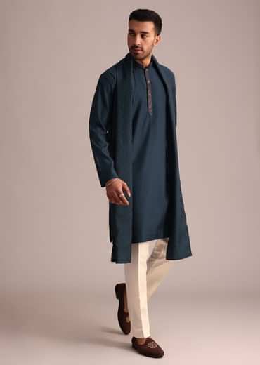 Navy Blue Silk Blend Kurta Set With Dupatta