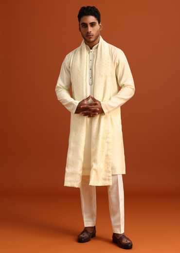 Ivory Plain Kurta Set With Hand Work Dupatta