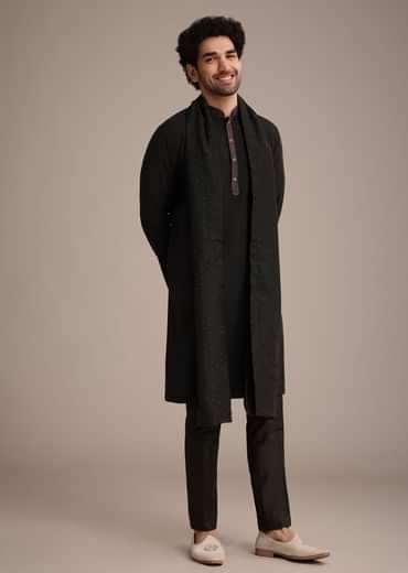 Black Silk Blend Kurta Pant With Dupatta