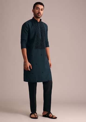 Navy Blue Silk Blend Resham Work Kurta Set