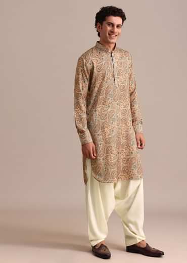 Brown Printed Mens Kurta Patiala Set