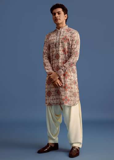 Cream Printed Kurta With Patiala For Men