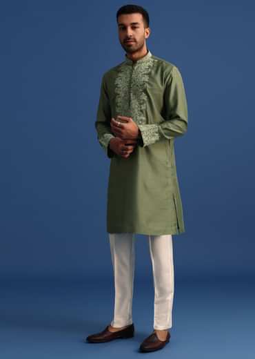 Green Floral Embroidered Kurta Set With Resham Work