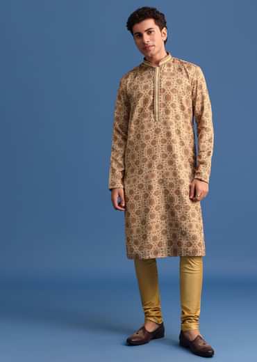 Beige Satin Printed Kurta Set For Men