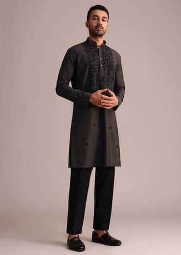 Grey Silk Blend Floral Embroidered Kurta Set With Resham Work