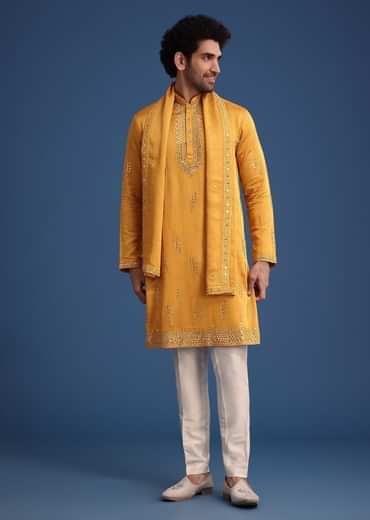 Yellow Silk Blend Kurta Pant With Dupatta
