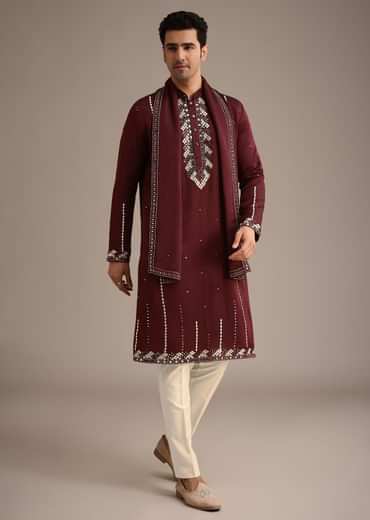 Red Mirror Work Kurta Set With Dupatta
