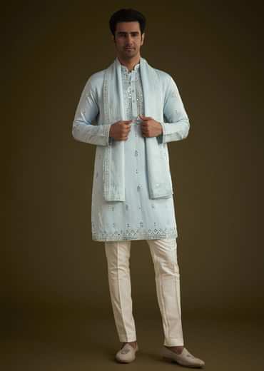 Sky Blue Silk Blend Kurta Set With Mirror Work