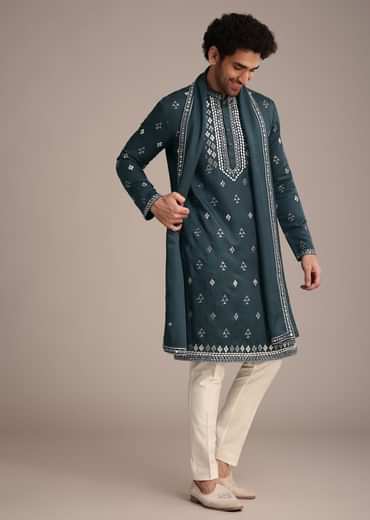 Blue Silk Blend Kurta Dupatta Set With Mirror Work