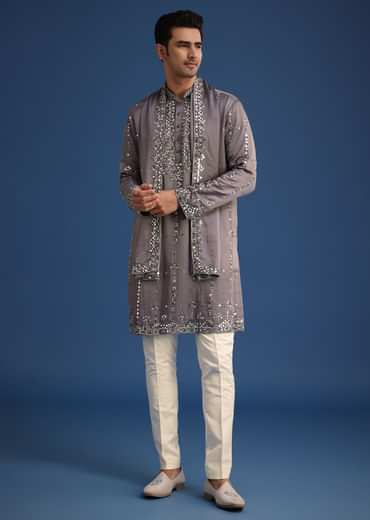 Grey Silk Blend Mirror Work Kurta Set With Dupatta