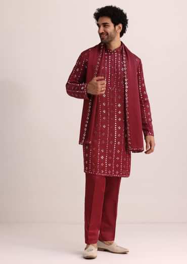 Maroon Silk Blend Mirror Work Kurta Set With Dupatta