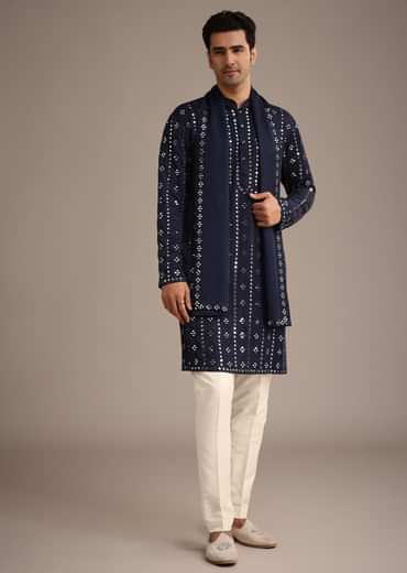 Blue Mirror Embellished Kurta Set With Dupatta