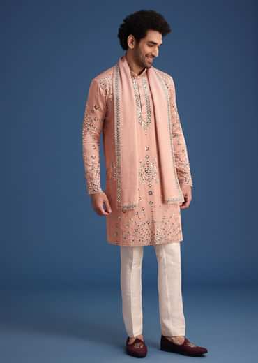Pink Silk Blend Mirror Embroidered Kurta Dupatta Set