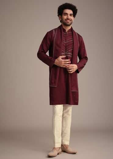 Maroon Mirror Embroidered Kurta Set With Dupatta