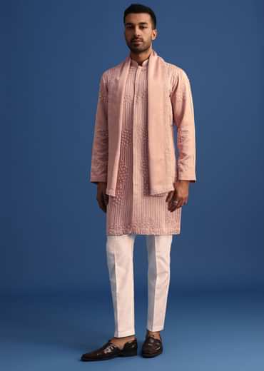 Pink Thread Handowork Kurta Set With Dupatta