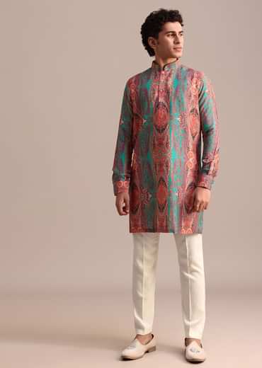 Green Printed Kurta For Men