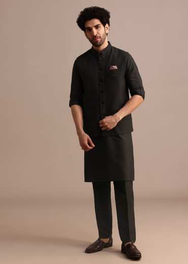 Black Silk Kurta Jacket Set With Pintuck Pattern For Men