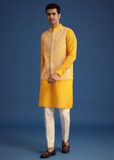 Yellow Embroidered Jacket And Kurta Set In Silk