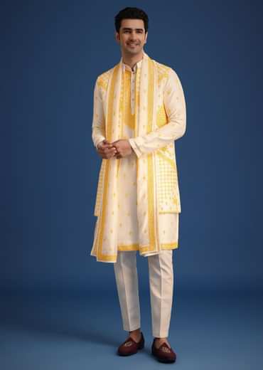 White Embroidered Jacket and Kurta Set With Dupatta