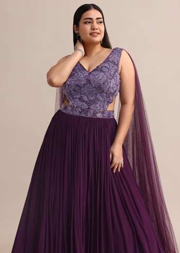 Purple Embroidered V Neck Gown With Side Cut