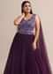 Purple Embroidered V Neck Gown With Side Cut